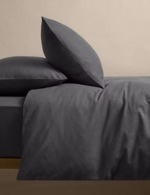 M&S Pure Cotton Brushed Flannelette Bedding Set in Charcoal Grey, W: 140 cm x L: 200 cm