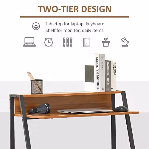 HOMCOM 2-Tier Computer Workstation with Storage Shelf, Walnut Metal Frame Writing Desk, W: 85 cm, D: 45 cm, H: 76 cm – 3