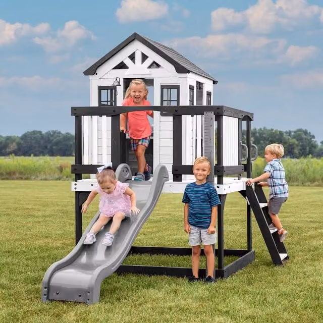 Backyard Discovery Sweetwater Heights Elevated Cedar Wooden Playhouse with Slide in White and Silver