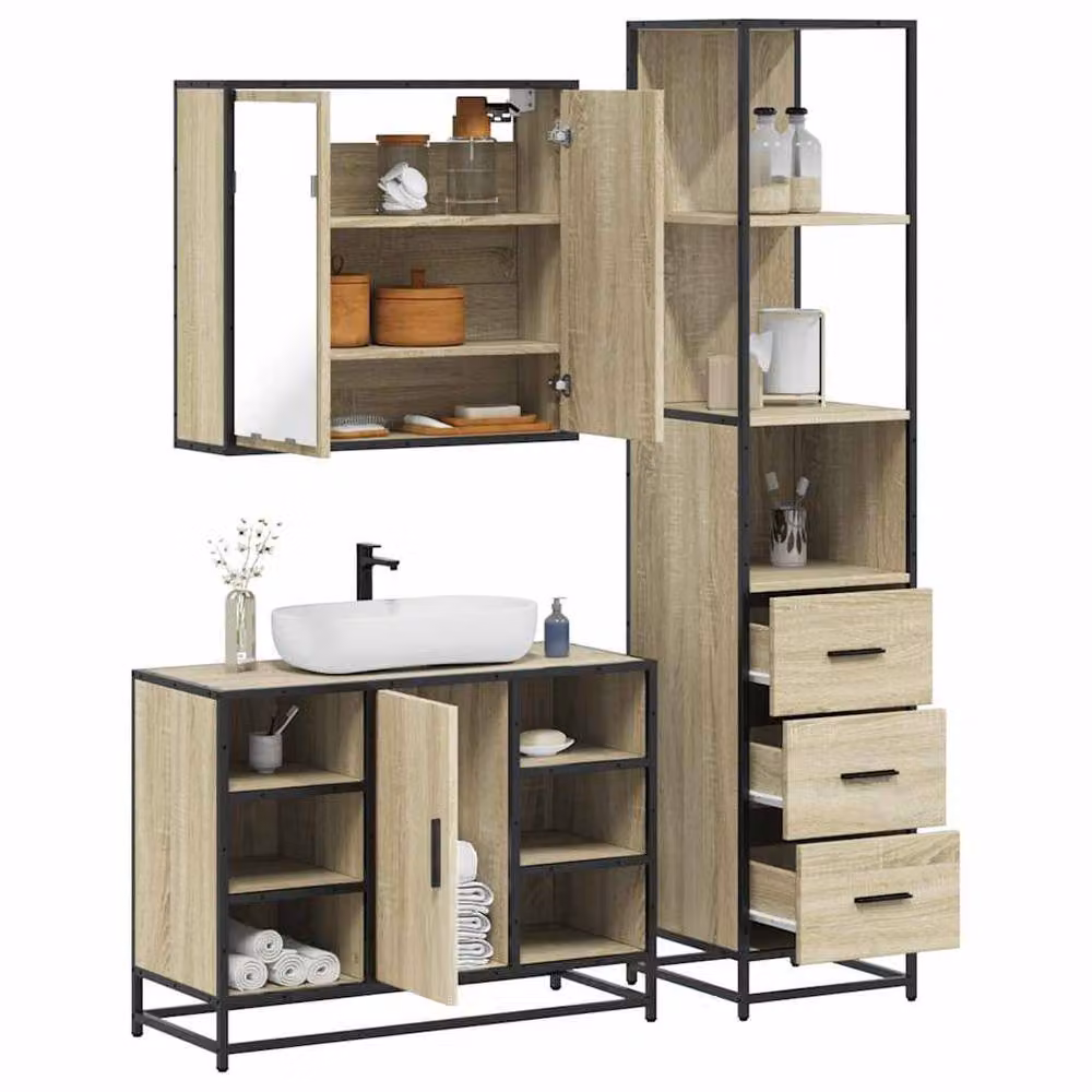 Berkfield Home 3 Piece Industrial Bathroom Furniture Set in Sonoma Oak and Light Brown – 2