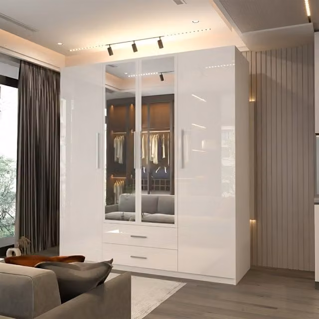 Sliding Wardrobes 4 u Modern White Glossy Hinged Door Wardrobe with Integrated Drawers and Mirror, Width: 160 cm