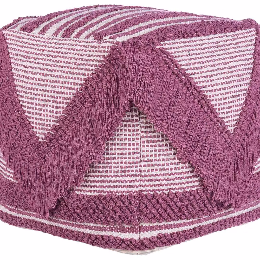Wyld and Coco Pink Hand-Knitted Cotton Striped Pouffe with Tassels, W/D/H: 40 x 40 x 40 cm – 2