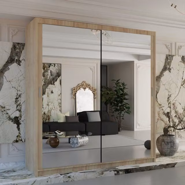 Sliding Wardrobes 4U Double Mirror Sliding Wardrobe with LED Light, Light Oak, W: 100 cm, H: 217 cm, D: 62 cm – 1