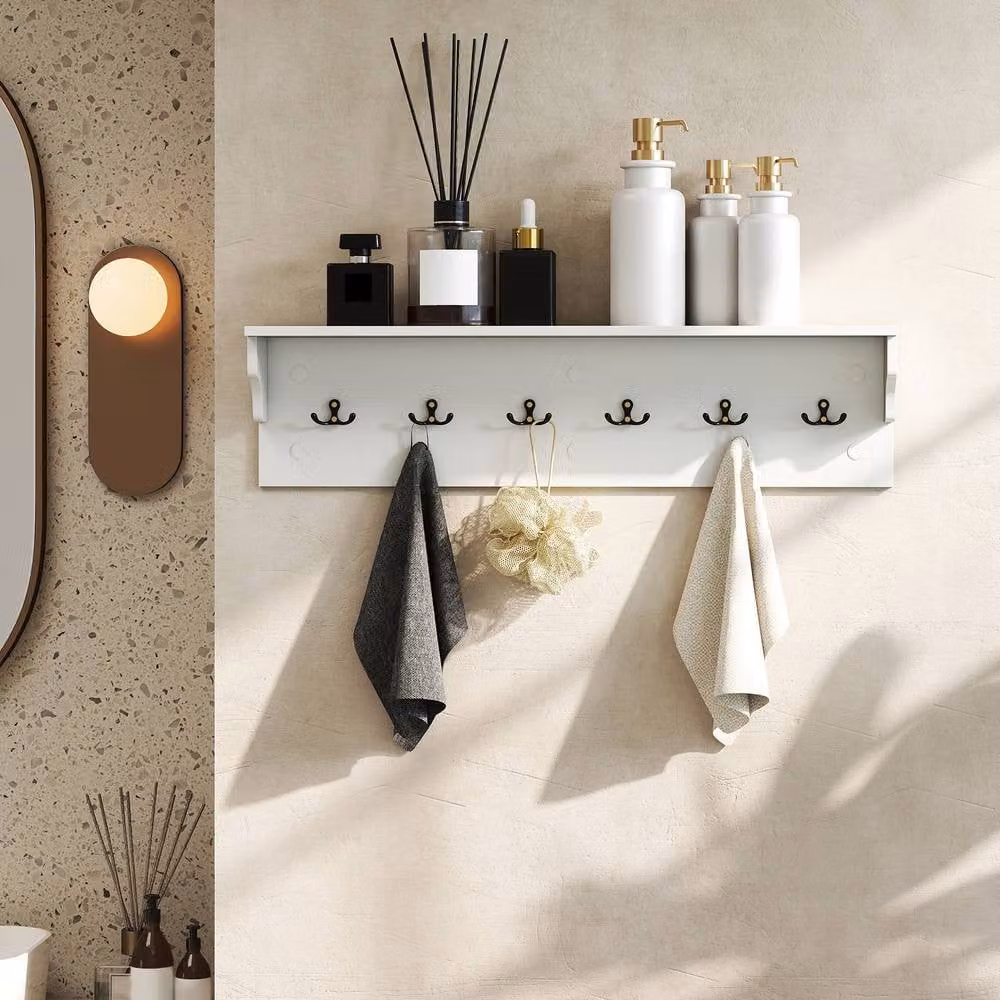 Costway White Wall Floating Coat Rack with 6 Hooks and Hanging Shelf, Width: 80 cm – 3
