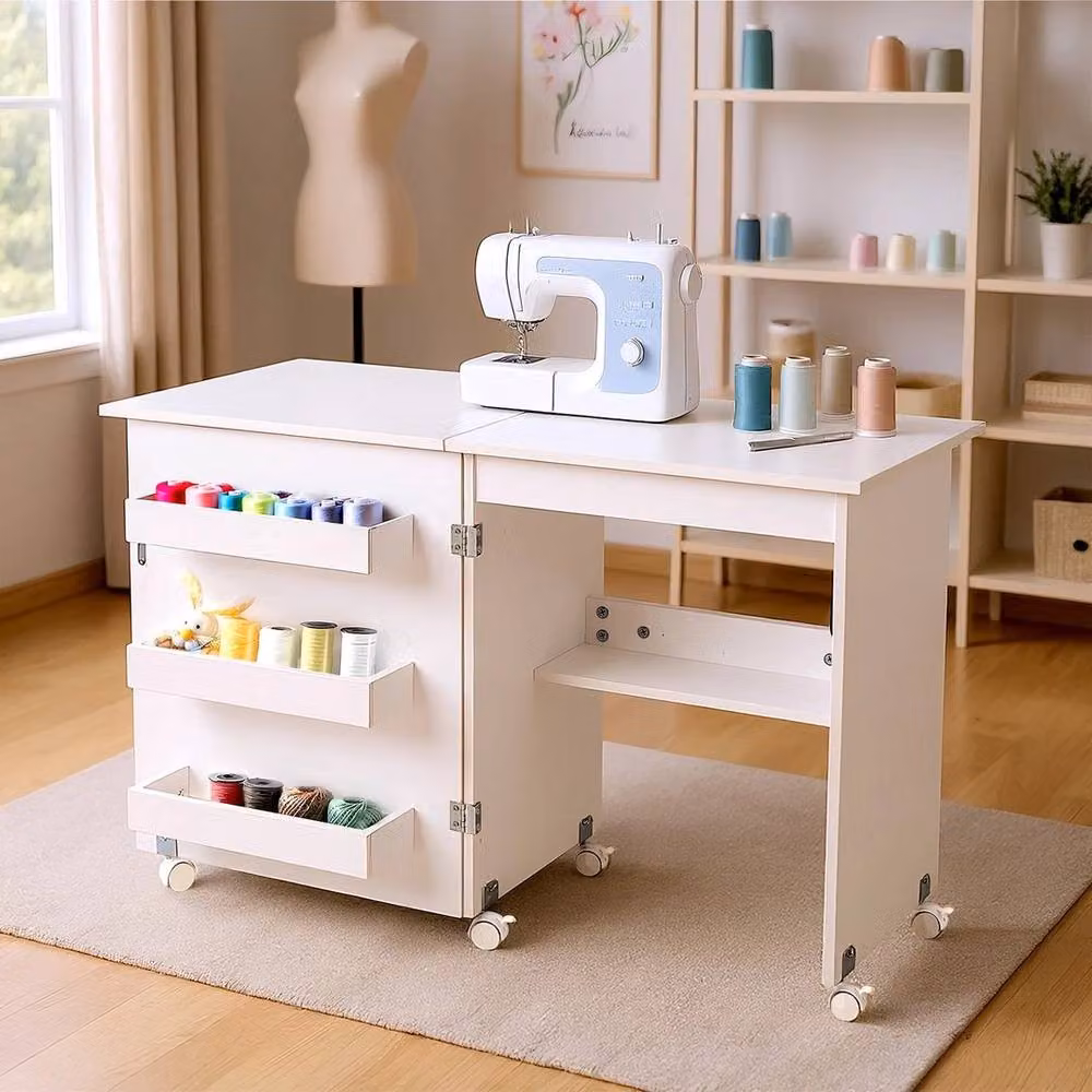 EONLION White Folding Rolling Sewing Machine Table Cabinet with Castors – 3