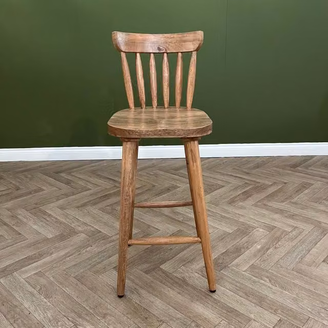 Elm Home And Garden Rustic Mango Wood Kitchen Breakfast Bar Stool with Back, Brown