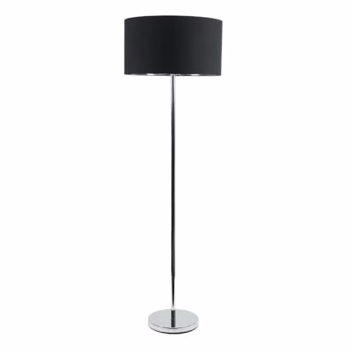 ValueLights Charlie Modern Chrome Stem Floor Lamp with Black Fabric Drum Shade and Warm White Bulb