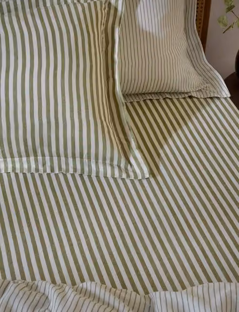 YARD Pure Cotton Striped Fitted Sheet, Green, W/D/H: 180 x 200 cm