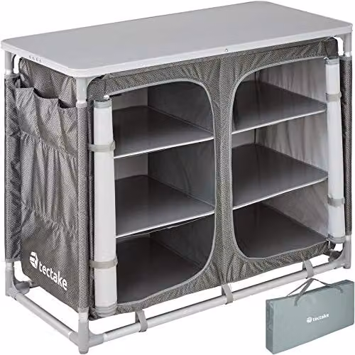 tectake Portable Camping Kitchen and Outdoor Storage Cupboard in Grey with Aluminium Frame, 6 Internal Shelves and Zipped Doors – 1