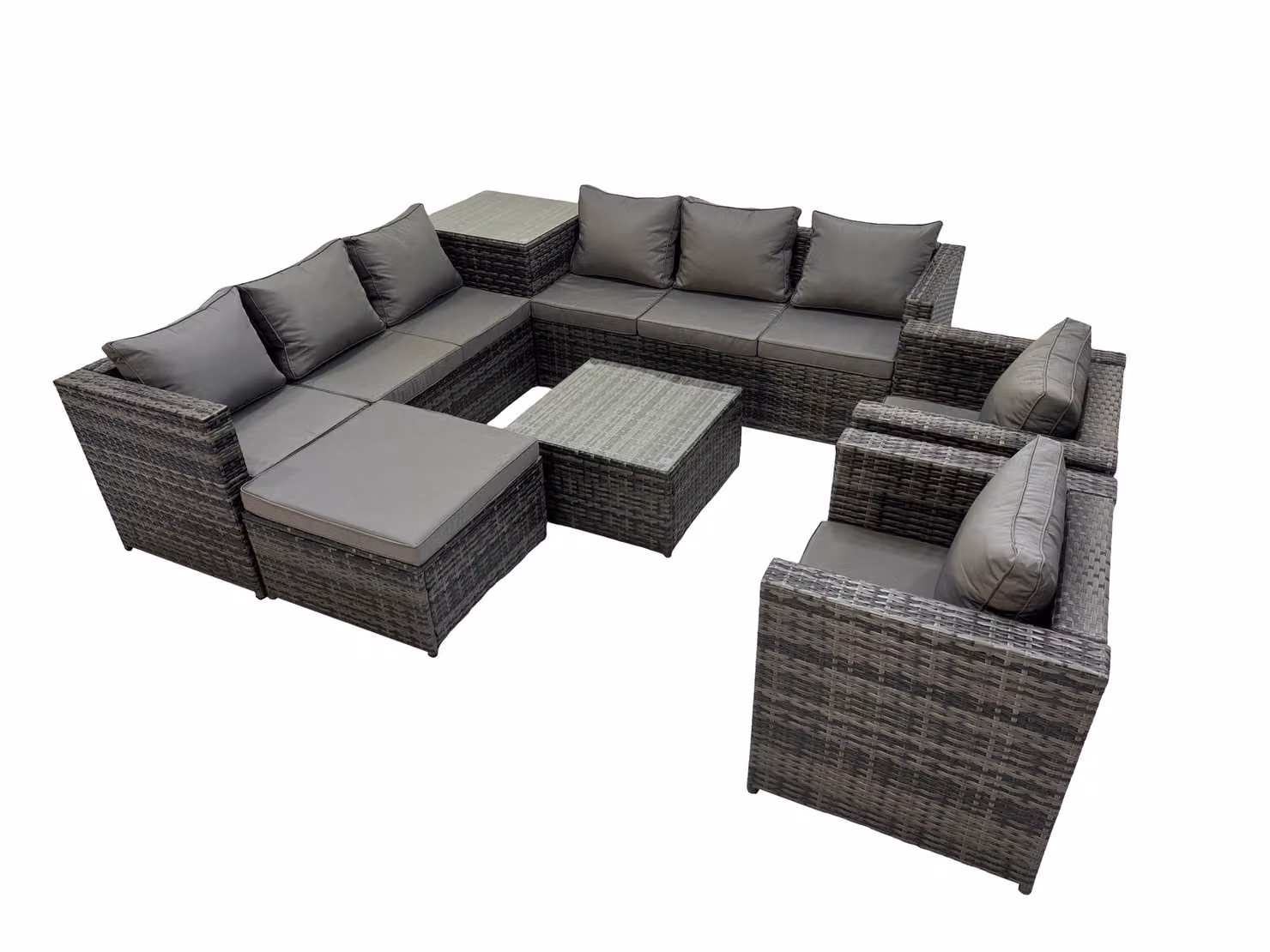 Fimous 9 Seater L-Shape Garden Rattan Furniture Set in Dark Grey with Upholstered Cushions, Coffee Table and Ottoman – 2