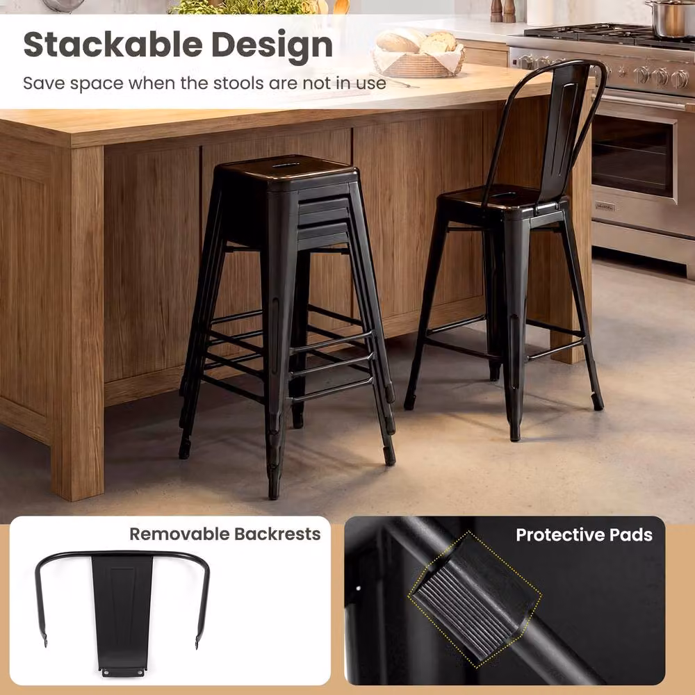 Costway Modern Black Metal Counter Height Barstools with Backrests and Footrests – 8