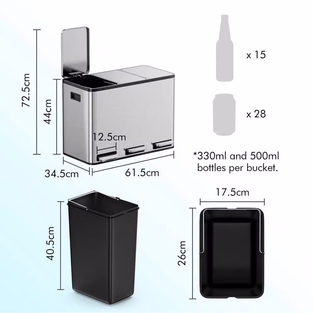 NESTLUNE 45L Recycling Kitchen Bin in Grey, Stainless Steel, W/D/H: 72.5 x 15 x 15 cm – 2