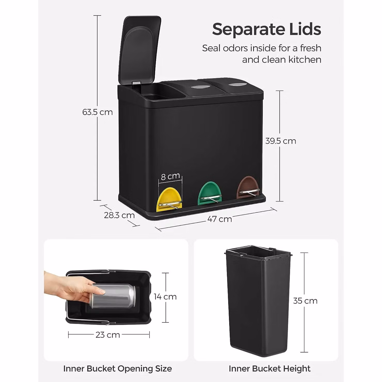 SONGMICS Triple Kitchen Waste Bin Recycling Can with Pedals and Lids, Black Steel – 2