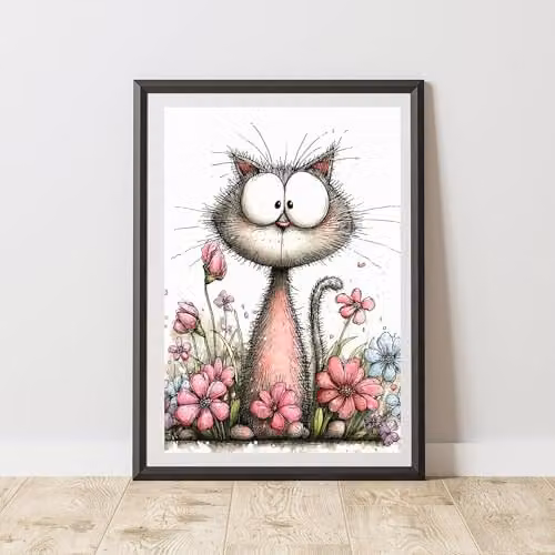 60 Second Makeover Quirky Cat With Flowers Print Poster, Black and Multicolour, W: 29.7 cm, H: 42.0 cm