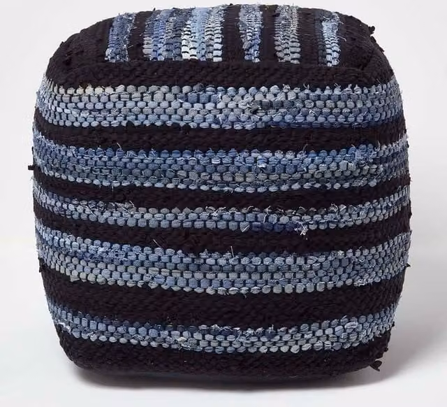Homescapes Texas Blue Denim and Leather Striped Bean Filled Pouffe, W/D/H: 40 x 40 x 40 cm