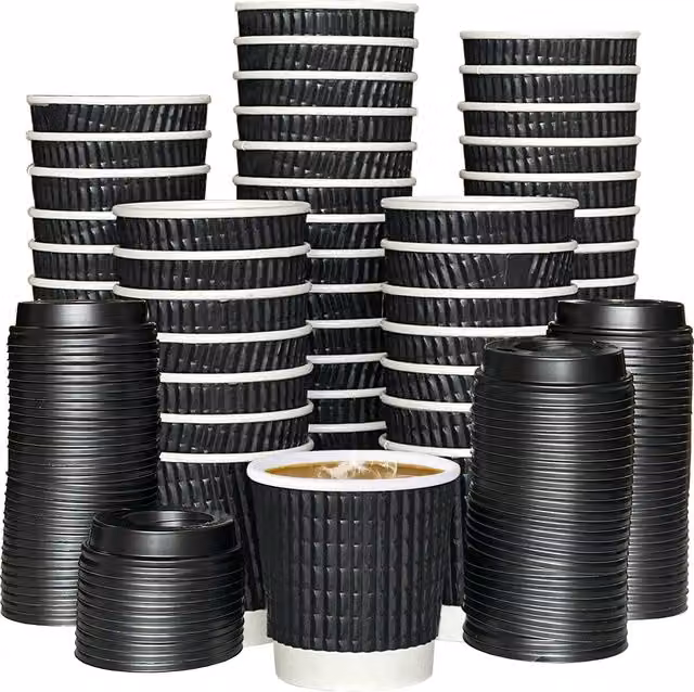 ECONX Black Disposable Kraft Paper Ripple Mugs with Lids