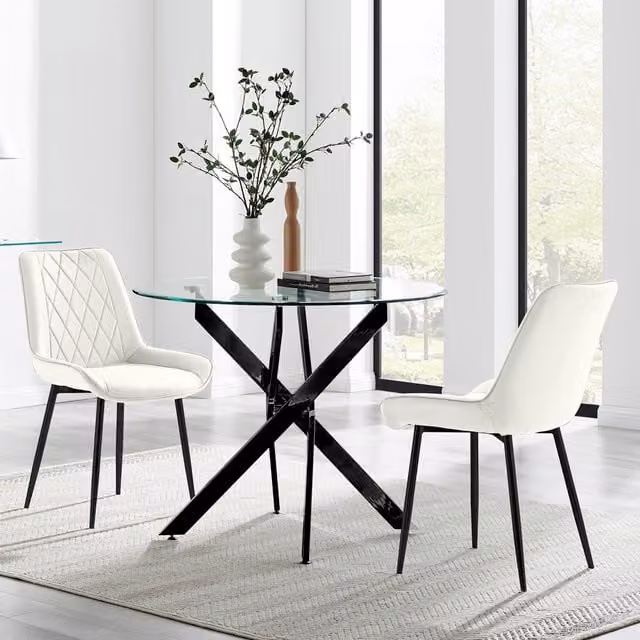 FurnitureboxUK Novara Round Glass Kitchen Dining Table with 2 Pesaro Black Leg Chairs, Cream