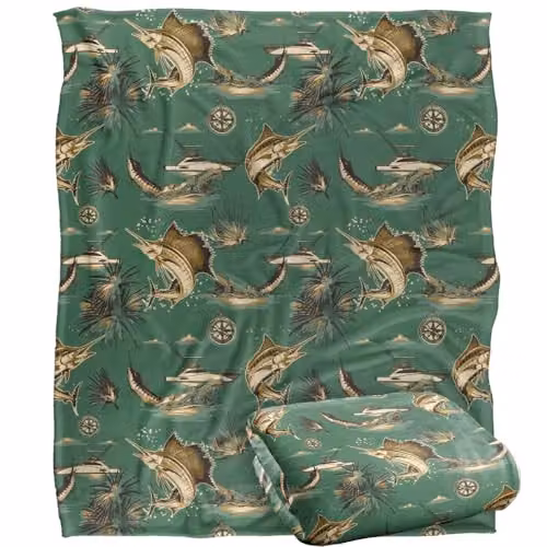 JQ Licensing Billfish Tiki Fishing Pattern Super Soft Fleece Throw Blanket, White, W/D/H: 152 x 127 cm