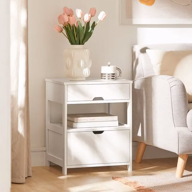 SoBuy Modern White Bedside Table with 2 Drawers, Width: 48 cm