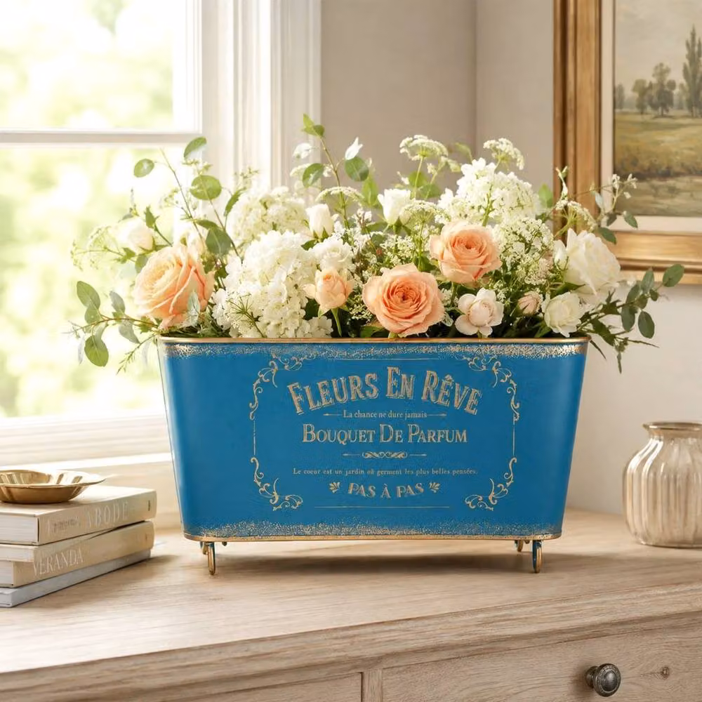 EONLION Rustic French Rectangular Metal Planter Tub in Blue – 3