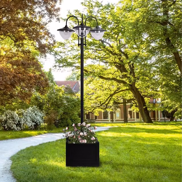 Outsunny 3-Head LED Solar Garden Post Light in Black