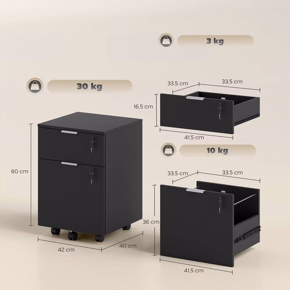 STILVORA Two-Drawer Lockable Filing Cabinet with Castors in Black, W: 40.0 cm, D: 42.0 cm, H: 60.0 cm – 3