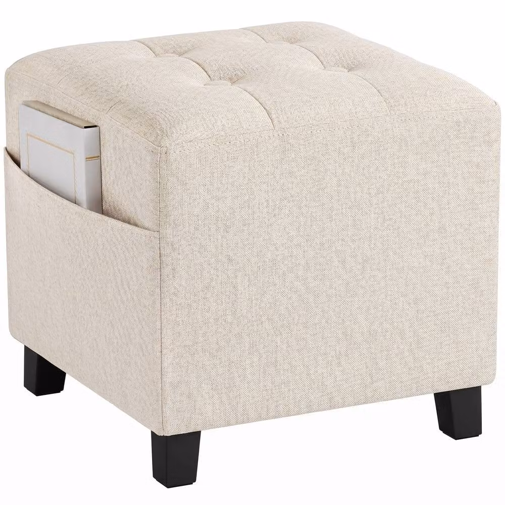 STILVORA Beige Fabric Footstool with Storage and Pocket and Rubberwood Frame – 3