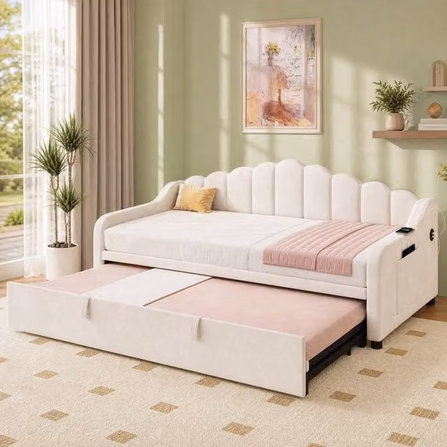 STILVORA Single Sofa in Beige Velvet with USB Charging Port and Side Compartments, W/D/H: 190 x 90 x 90 cm