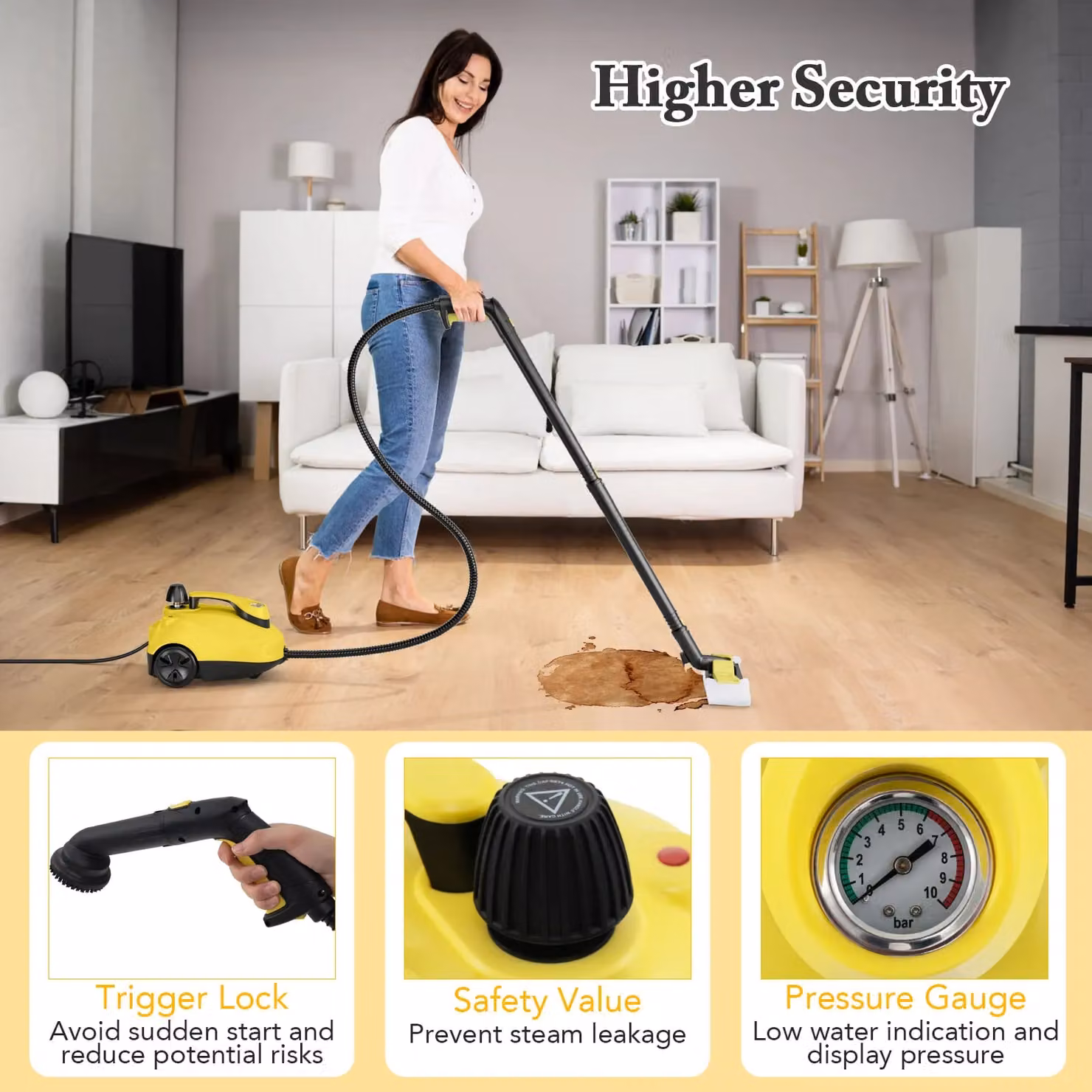 Costway Handheld Steam Cleaner with 1.8L Water Tank, 2000W, Yellow – 5