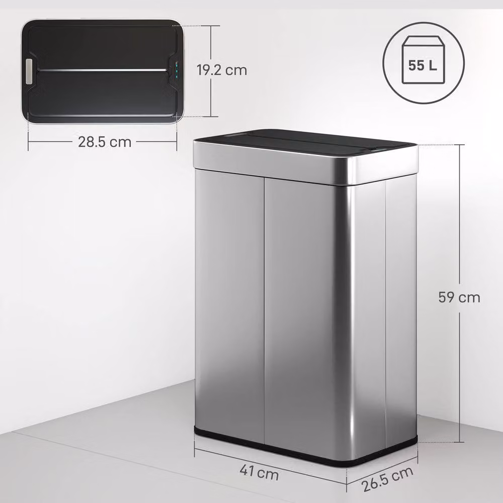 HOMCOM 55L Automatic Smart Sensor Bin with Soft-Close Lid, Silver Tone – 3