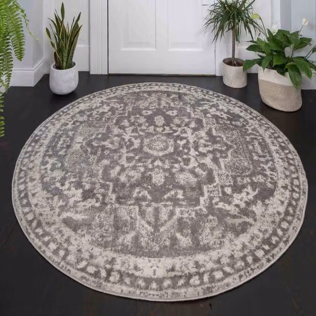 The Rug House Traditional Medallion Bordered Living Area Rug in Grey, W/D/H: 120 x 120 x 1 cm