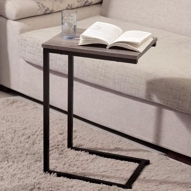 House of Home C-Shaped Side Table with Black Metal Frame and Wood Top, W/D/H: 60 x 40 x 25 cm