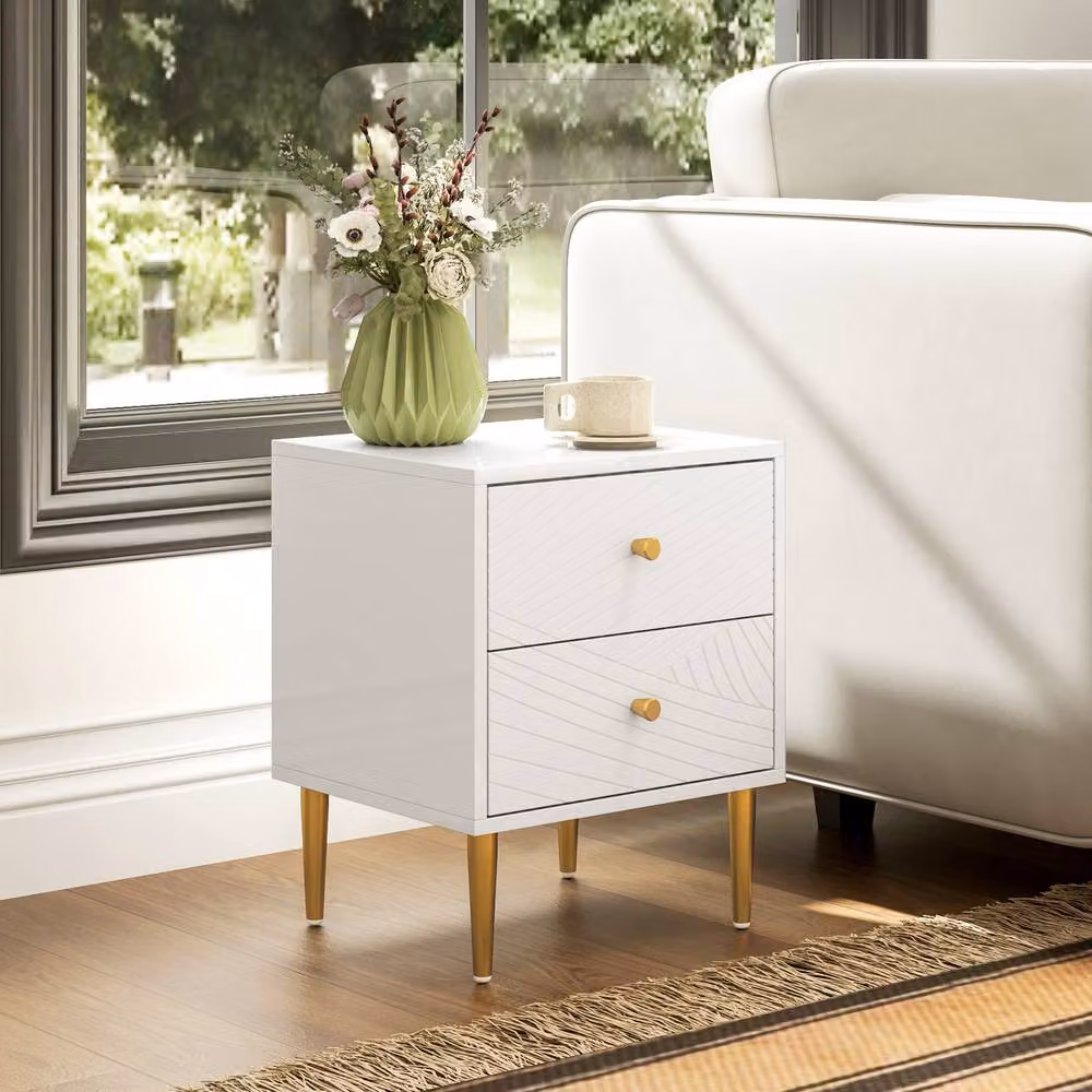 ERGOVEXA Elegant Two-Drawer Bedside Table in White and Gold – 2