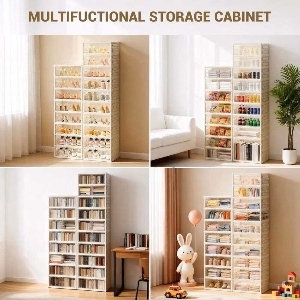 VOGREX Foldable Stackable Shoe Storage Cabinet with Transparent Glass Doors in Beige – 2