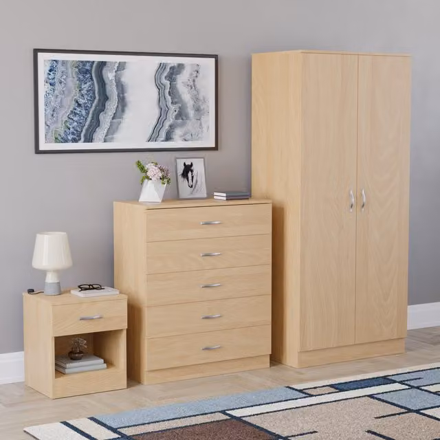 Vida Designs Riano 3 Piece Modern Bedroom Set in Pine Finish, including Wardrobe, Chest of Drawers and Bedside Chest