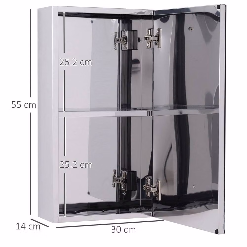 PAWNORA Silver Modern Wall Mounted Bathroom Mirror Storage Cabinet with Glass Doors and Internal Shelves – 2