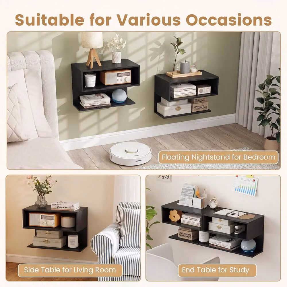 Gymax Set of 2 Wall Mounted Black Matt Floating Nightstands with Glass and Metal Design – 6