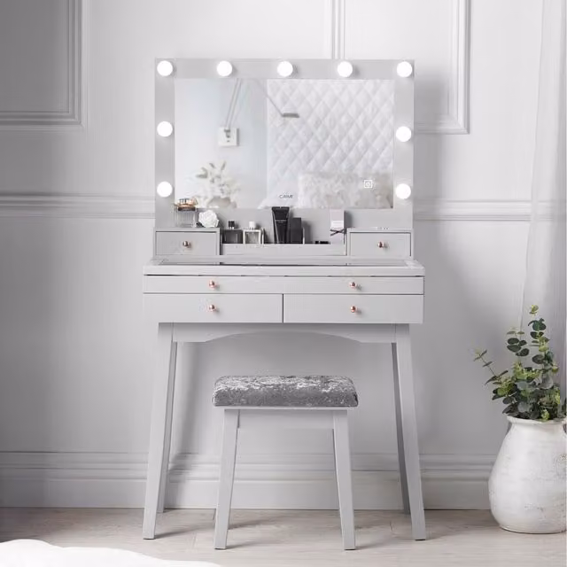 Carme Grey Dressing Table with Hollywood LED Mirror and Gold Accents