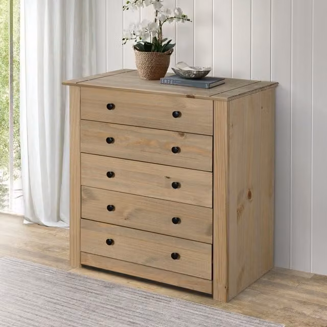 Mews Waxed Pine 5 Drawer Chest of Drawers in Brown and Black, H: 89 cm, W: 40 cm, D: 80 cm