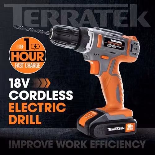 Terratek 18V Cordless Drill and Screwdriver Set with 13pc Kit, Rechargeable Battery and Case in Grey and Orange – 3