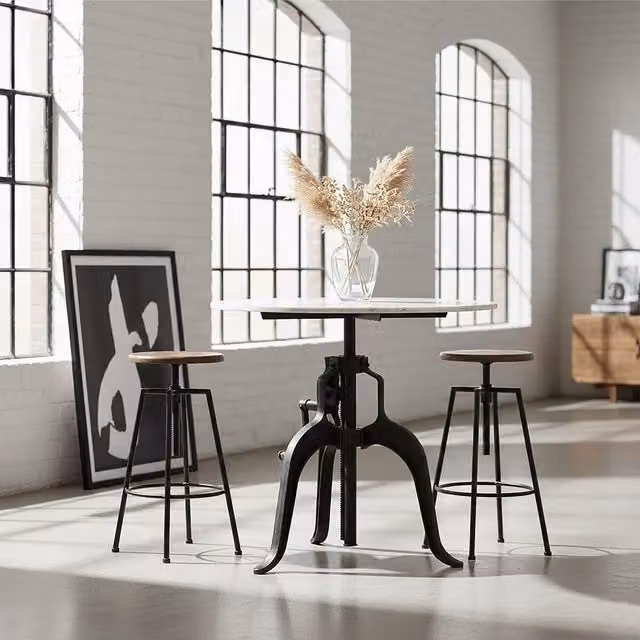Orsina Round White Marble and Iron Industrial Side Table with Height-Adjustable Three-Leg Design