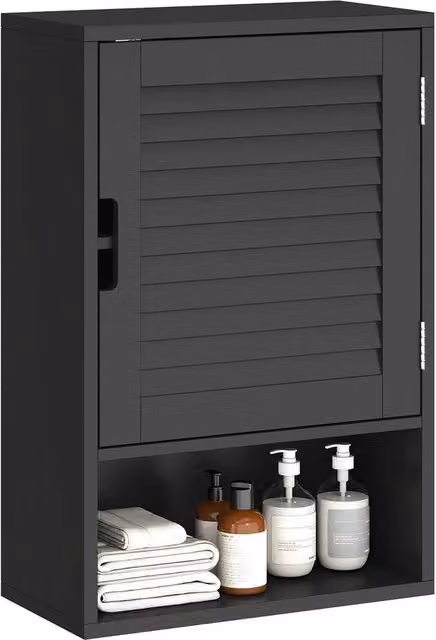 PAWNORA Modern Black Matt Wall Mounted Bathroom Cabinet with Internal Shelves and Open Shelf Doors