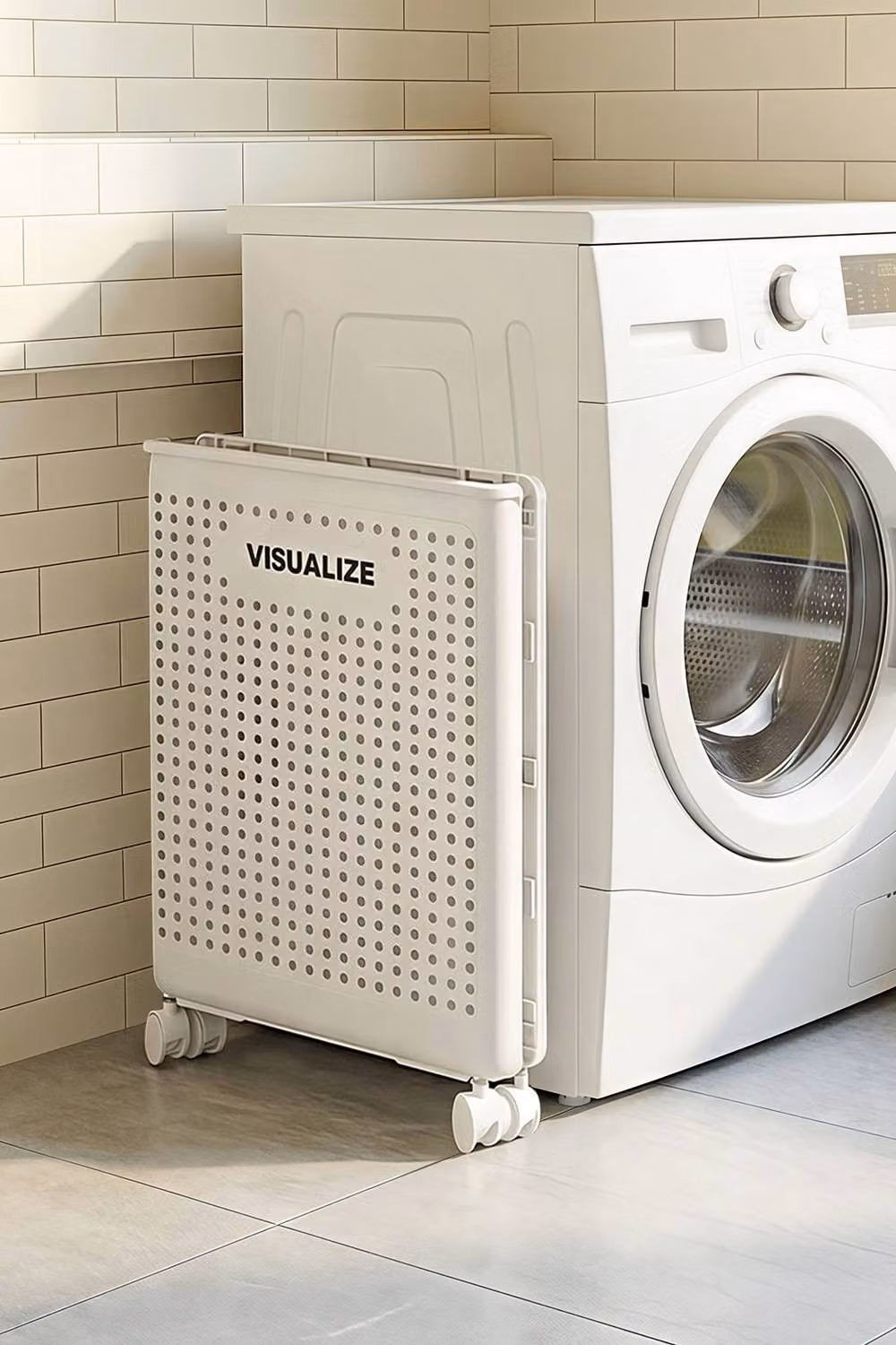 Garden Sanctuary Collapsible Portable Laundry Basket in White with Handles and Wheels – 3