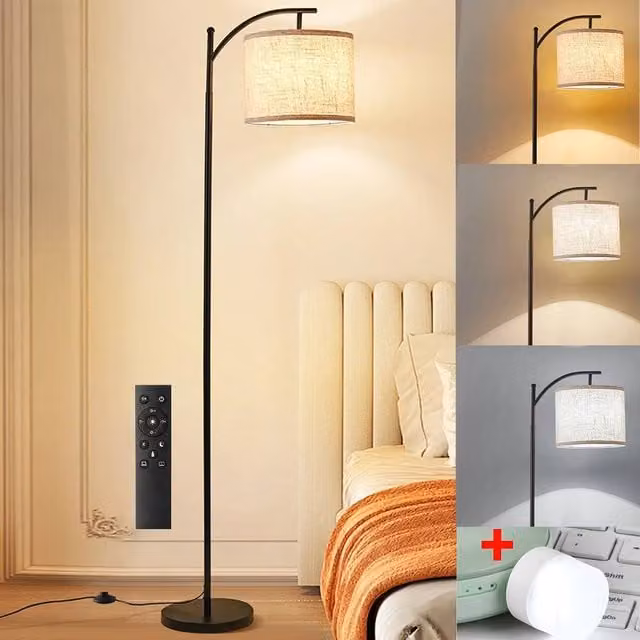 Havendro Remote Control LED Floor Lamp with Dimmable Timer and Beige Linen Shade, Black – 1