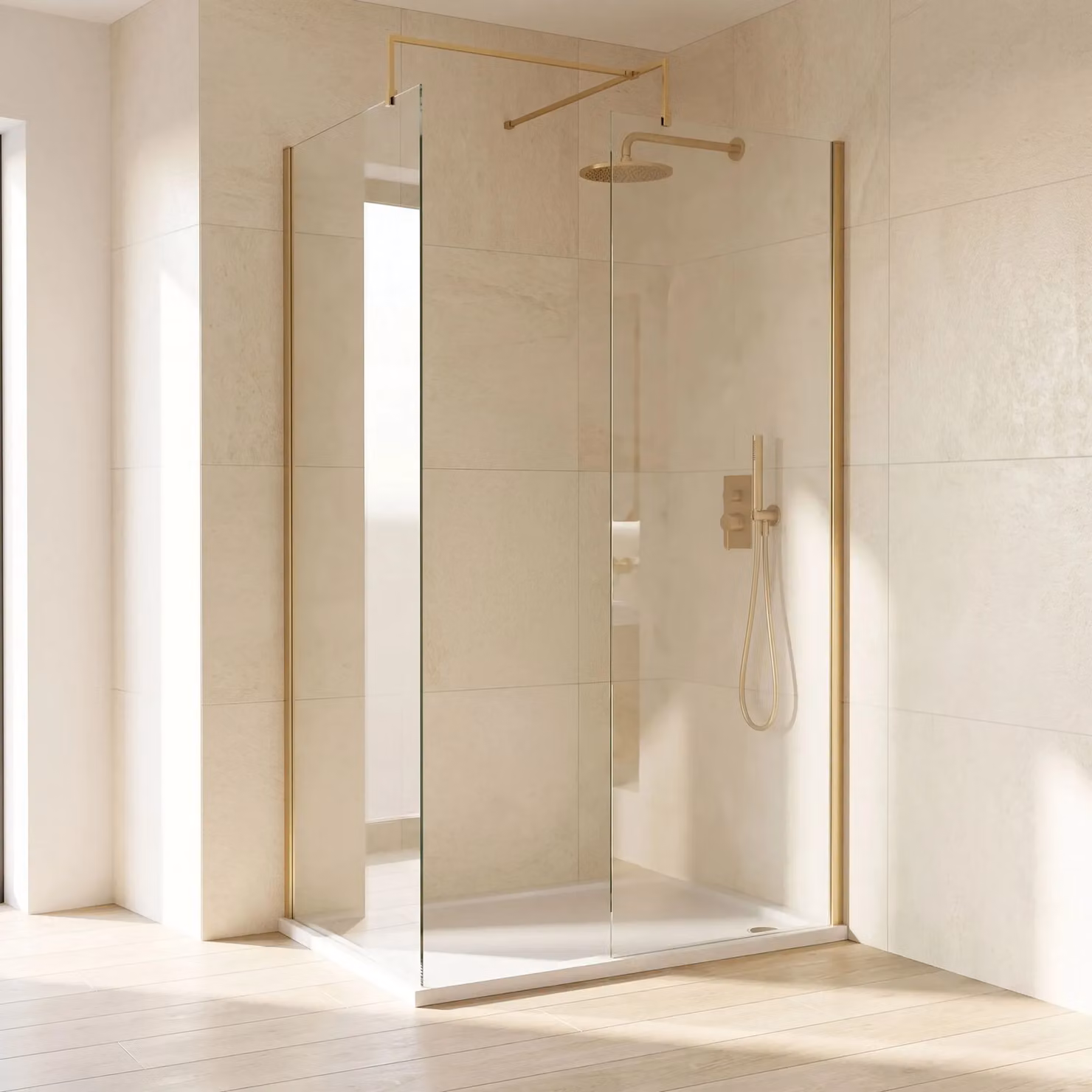 Balterley 8mm Glass Walk-In Wetroom Screen and Tray with Brushed Brass Profile, W/D/H: 1200 x 800 mm, Gold/Brass – 4