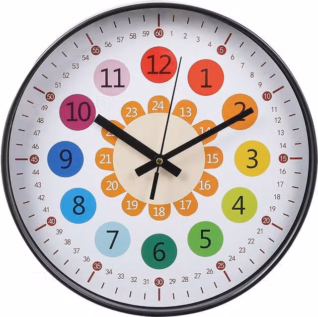Livingandhome Kids Learning Silent Round Analog Wall Clock in Multicolour and Yellow