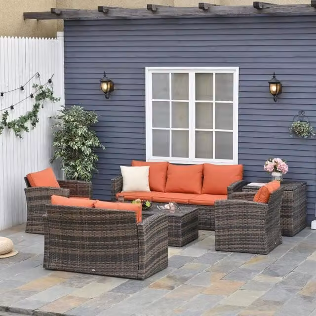 Chilli Seating 7 Seater Rattan Outdoor Furniture Set with Storage in Orange