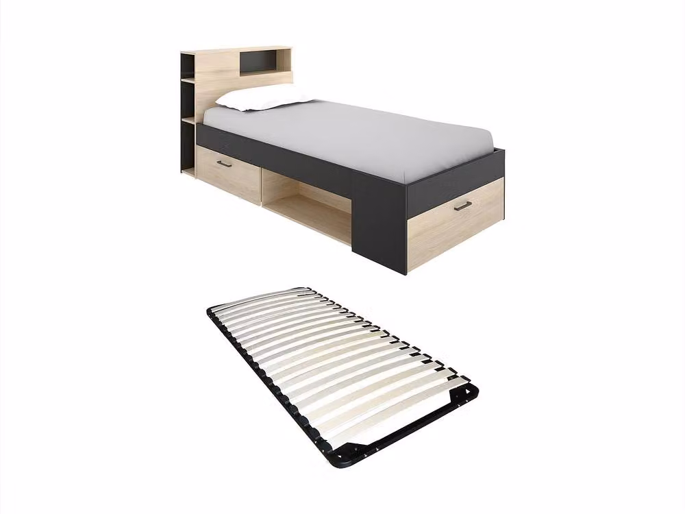 Vente-unique Single Bed with Headboard, Storage Drawers and Bed Base in Grey, W/D/H: 90 x 190 cm – 2