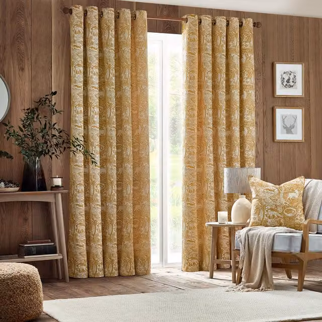 Make It A Home Winter Woods Chenille Eyelet Curtains, Ochre, Set of 2, W: 183 cm, H: 229 cm