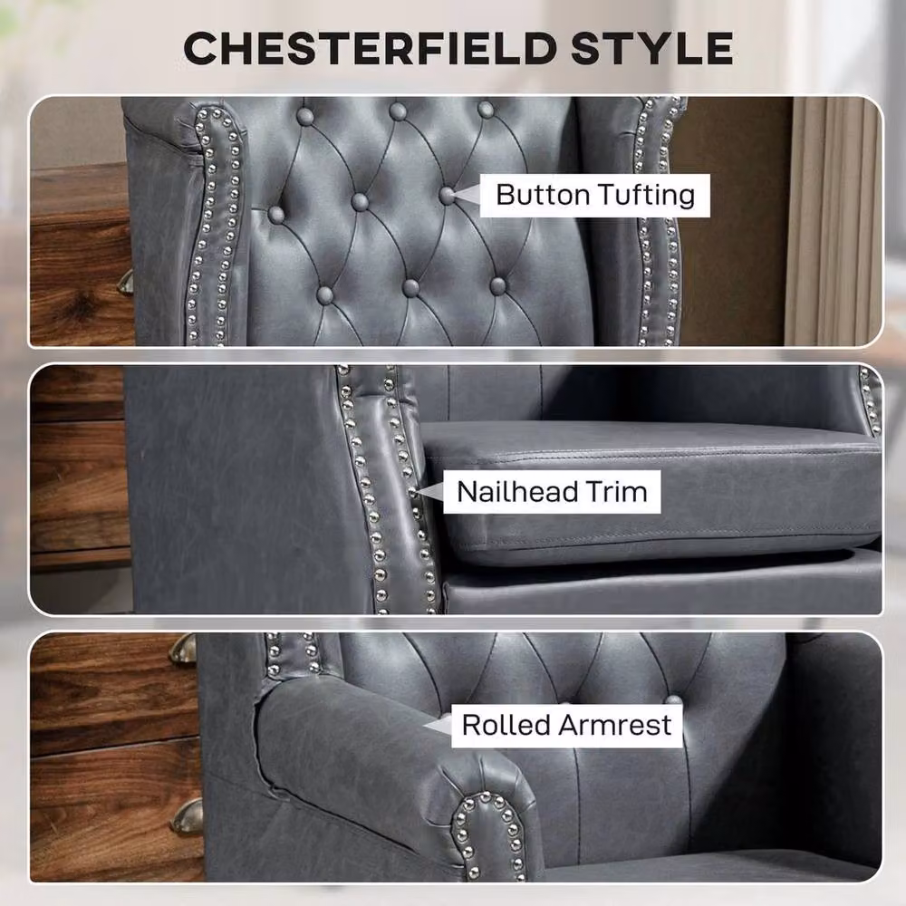 FORGEVIO Chesterfield-style Wing Back Armchair in Grey Synthetic Leather with Solid Wood Frame, W/D/H: 70.0 x 72.0 x 108.0 cm – 4